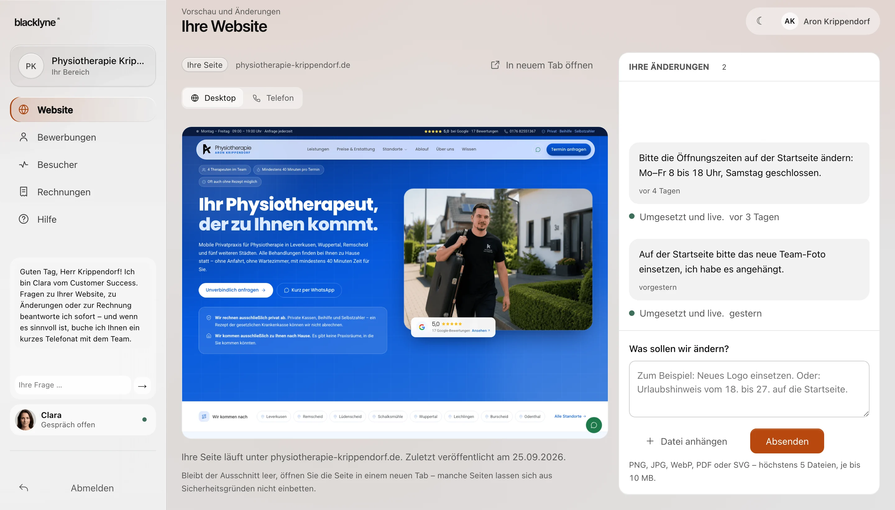 Das Blacklyne-Kundenportal: links die Bereiche Website, Bewerbungen, Besucher, Rechnungen und Hilfe, in der Mitte die Website der Physiotherapie Krippendorf, rechts die Änderungswünsche – beide umgesetzt und live.